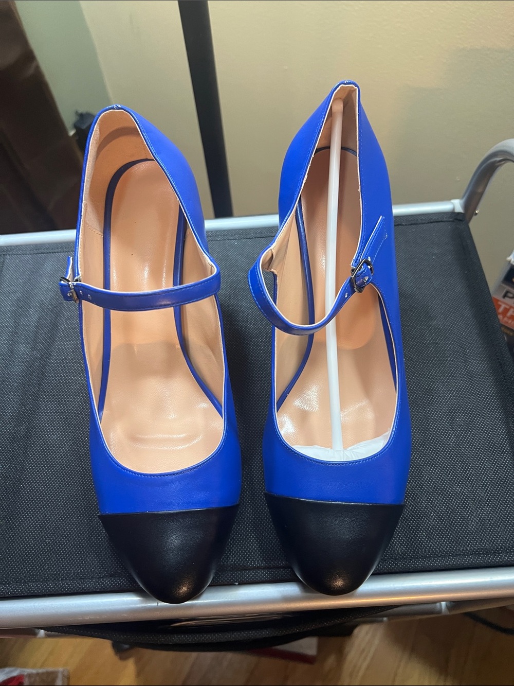 Classic Mary Jane Heels in Bright Blue with Black Cap Toe